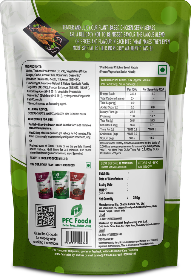 Buy Pfc Foods Plant Based Chicken Seekh Kebab At Instant Online