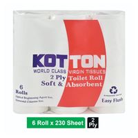Kotton Toilet Roll - 2 Ply -100% Virgin Pulp/Paper, Pack of 6, 230 sheets