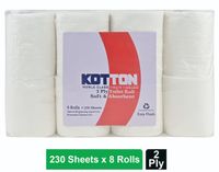 Kotton Toilet Roll - 2 Ply -100% Virgin Pulp/Paper , pack of 8 , 230 sheets