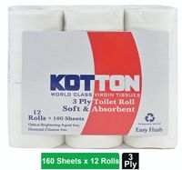 Kotton Toilet Roll - 3 Ply -100% Virgin Pulp/Paper, Pack of 12 160 sheets