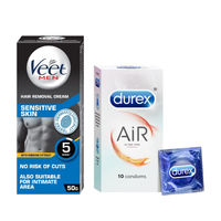 Veet Men Hair Removal Cream - Sensitive Skin(50gms) & Durex Air Condom - Ultra Thin Condoms(10pc) Combo