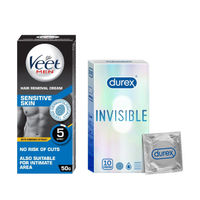 Veet Men Hair Removal Cream - Sensitive Skin(50gms) & Durex Invisible Condom - Super Ultra Thin Condoms(10pc) Combo
