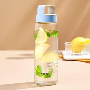 Borosil Crysto Glass Water Bottle With Blue Lid, Borosilicate Glass, 750Ml, Transparent