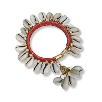 Red Elegant Cowrie Shell Flexible Size Bangle - Gold Accents