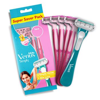 Gillette Venus Simply Hair Removal Razor for Women, 4 simply & 1 skin love (Pack of 5)