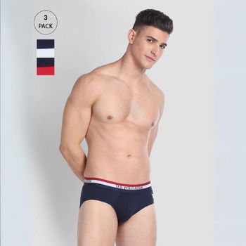 U.S. Polo Assn. Men's Elasticized Waist Solid EB002 Briefs | Pack Of 3 | Red, Navy And White - L