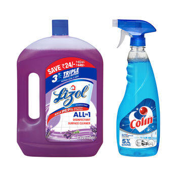 Lizol Disinfectant Surface Cleaner Lavender(2l) & Colin Glass Cleaner Pump 2X More Shine With Shine Boosters(500ml) Combo