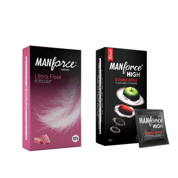 Manforce Ultra Feel Super Thin Bubble Gum Flavoured Condom With Thickness Of 0.05Mm(10pc) & Manforce High Flavoured Condoms - Double Apple(10pc) Combo