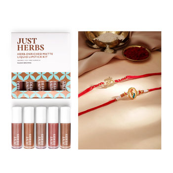 Just Herbs Enriched Liquid Lipstick Kit Set Of 5 Nudes & Browns(5ml) & Rubans Gold Toned Set Of 2 Om And Peacock Motif Stone Studded Rakhi(2pc) Combo