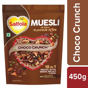 Saffola Muesli Choco Crunch With Flavour Pops, Fruits, Nuts, Seeds, Millets (15 In 1)