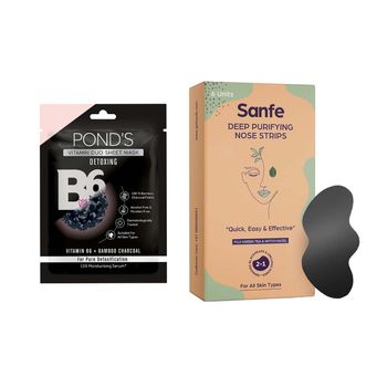 Pond'S Activated Charcoal Clear Detox Skin, With Vitamin B6 Sheet Mask(25ml) & Sanfe Deep Purifying Nose Strips For Women With Fuji Green Tea & Witch Hazel Extracts(6pc) Combo