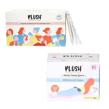 Plush Sanitary Pads Curated(30pc) & 100% Pure US Cotton Panty Liners 150mm(20pc) Combo