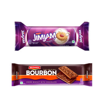 Britannia Bourbon Chocolate Cream Biscuits 150 gms & Treat Jimjam Cream Biscuits 100 gms Combo