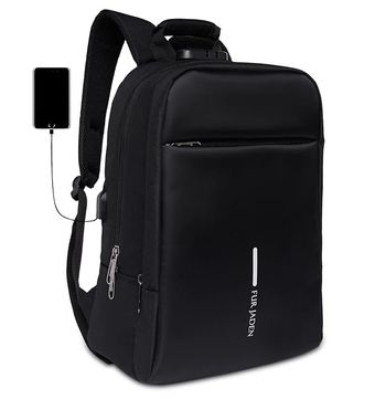 Fur Jaden Black Anti-Theft Backpack with USB Port & Number Lock. Padded Laptop Compartment