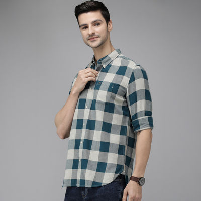 Men Pure Cotton Checked Slim Fit Flannel Shirt Style-Juul Color -Teal Size -L