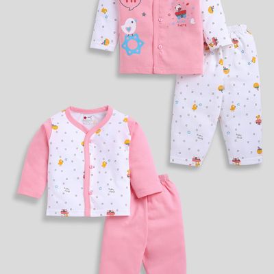 Girls Front Open Tshirt and Full Pant | Night Wear | Pink & White | 12 - 18 Months