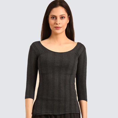 Women's Boat-Neck Three-Fourth Sleeves Thermal Top | 7002 | Dark Grey - 90