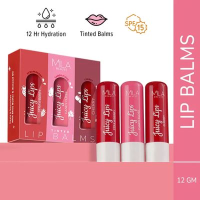 Tinted Juicy Lip Balms (Pack of 3) | Moisture Lock & SPF 15 - Strawberry | Cherry