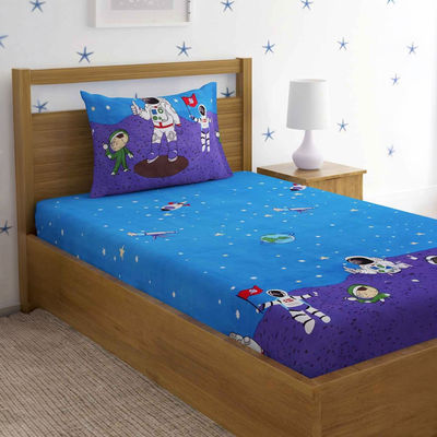 220 Gsm Glaced Cotton Space Astraunaut Printed Single Bed Sheet With 1 Pillow Covers
