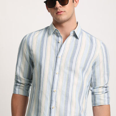 Men Multi Striped Slim Fit Cotton Linen Casual Shirt |S