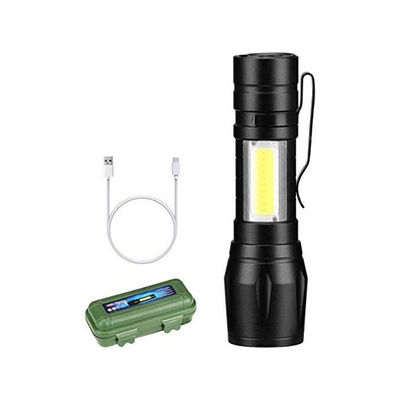 LED Flashlight with COB Light Mini Torch Waterproof Portable LED Flashlight USB Rechargeable 3 Modes Light Flashlight - Black
