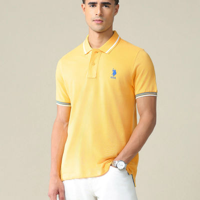 USPA Striped Collar Pique Cotton Polo T Shirt For Men - Mustard - L