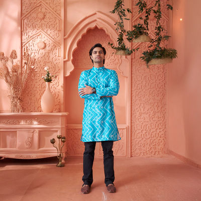 Men's Printed Cotton Blend Tie & Die Look Long Kurta | Blue - L
