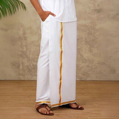 Traditional Velcro Dhoti /Mund /Veshti with Gold Zari Border | White - Free Size