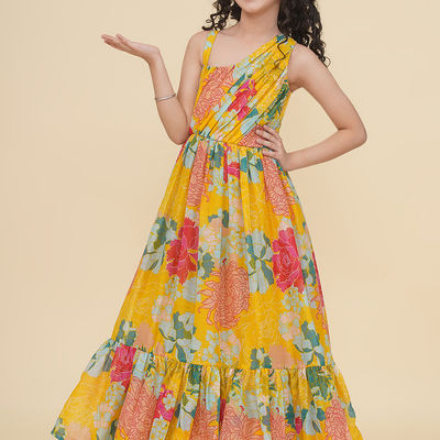 Girl's Silk Sleeveless Floral and Flare Ethnic Dress | GDS0425E02 | Yellow | 3-4Yrs