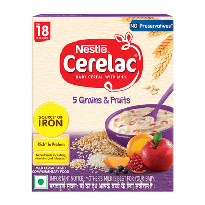 Nestle Cerelac 5 Grains & Fruits Baby Food Cereal, No Preservatives, 18 to 24 Months Baby