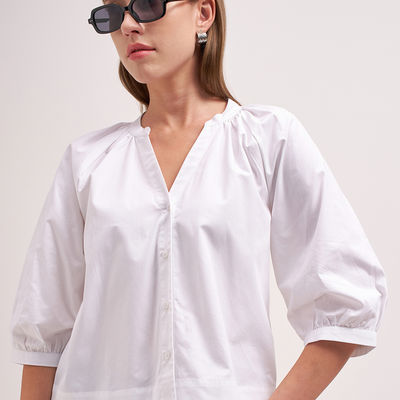 Women Manderin Collar 3/4Th Sleeve V Neck Front Placket Blouse | WHITE | L