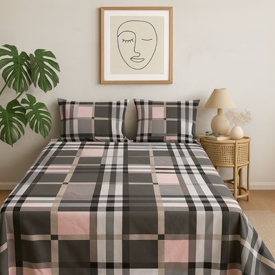 Emrald Double Checked Bedsheet | With 2 Pillow Cover | Grey & Pink | 94 x 87 in