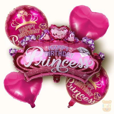 Happy Birthday Princess Combo | Princess Crown Pink, 2 Pink Hearts, 2 Birthday Balloons | Just Party