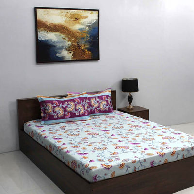 Ivyrose 110 Tc 100% Cotton Purple Queen Bedsheet With 2 Pillow Covers - Yellow