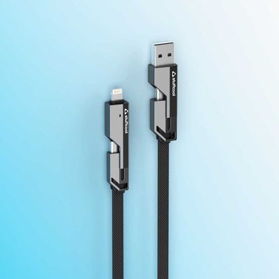 Quad Pro 4 in 1 Metal Flat Braided Indestructible Cable 1.5m 60W with lightning to type C, type C to C, Lighting to type A compatible for iPhones, iPads, Macbooks, Type C Laptops - Grey