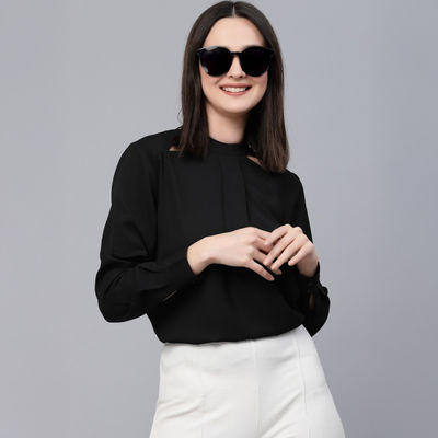 Women Solid Black Polyester Cutout Smart Casual Top | S | SS23SQTRINK - Black