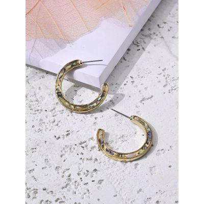 Women's Gold Mother Of Pearlised Inlay Hoop Earrings - Grey