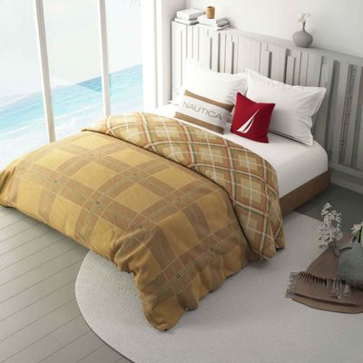 Nautica 100% Premium Cotton Fabric Comforter for All Weather | Double | Checks | Sand, Multi