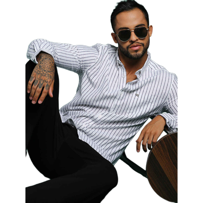 Men Slim Striped Linen Casual Shirt Style-Zen Color-White Size-M