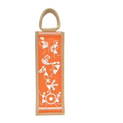 Carry Bag - Bottle Bag Warli Print | Eco-friendly | Stylish | Orange | 14 x 5 x 4.5