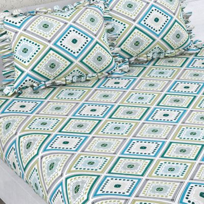 Elastic Fitted Double Bedsheet | 2 Frill Pillow Covers | Polycotton | Green