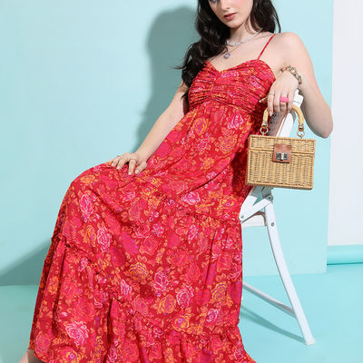Floral Printed Shoulder Straps Tiered Maxi Dress | RED | M