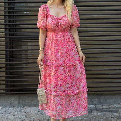 Sheetal Women's Floral Georgette Neck Fit & Flare Maxi Dress | DR11264 | Pink - L