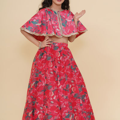 Girl's Silk Sleeveless Printed Flared Lehenga Set | GLC0425E09 | Pink | 3-4 Yrs