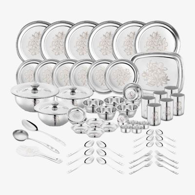 Heavy Gauge Stainless Steel Permanent Laser Design Glory 61 Pieces Dinner Set