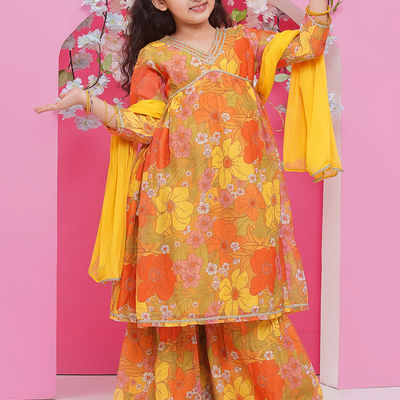 Girl's Silk Floral Print Kurta & Sharara With Dupatta | TKS220 | Yellow | 5-6 Yrs