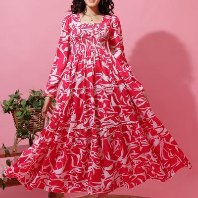 Women's Fit & Abstract Printed Full Sleeve Maxi Dress | 12034 | Pink - L