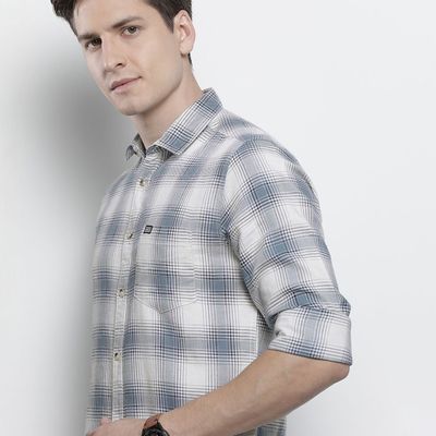 Men's Slim Fit Checked Casual Shirt | Cream - S
