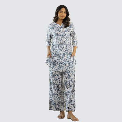 Shirt Collar Pure Cotton Night Suit | Blue - S