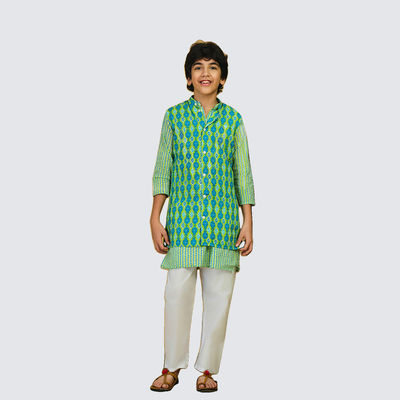 Boy's Kurta Pajama Set with Nehru Jacket | LTL-KST-101 | Green & White | 4-5 Yrs